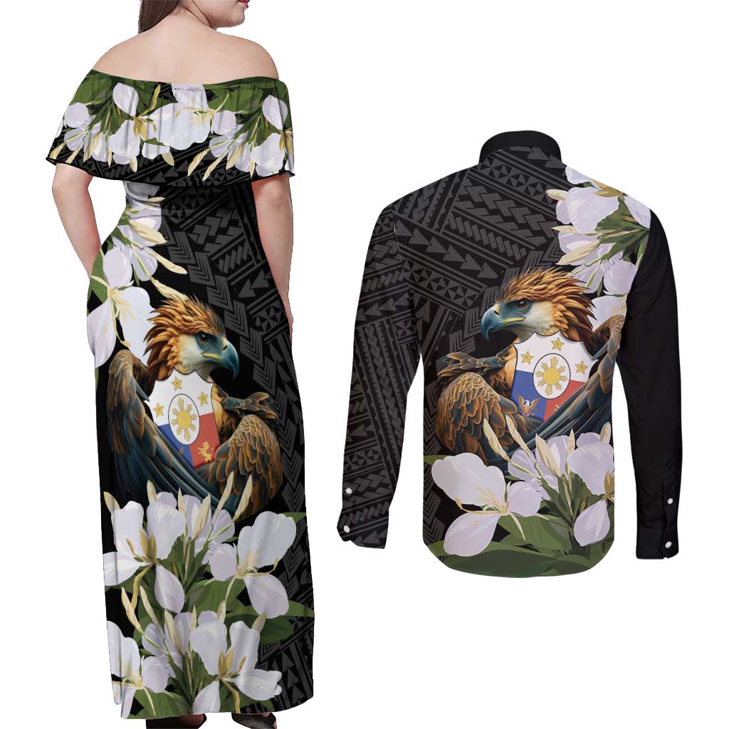 Philippines Eagle with Coat Of Arm Couples Matching Off Shoulder Maxi Dress and Long Sleeve Button Shirt Simple Sampaguita Jasmine