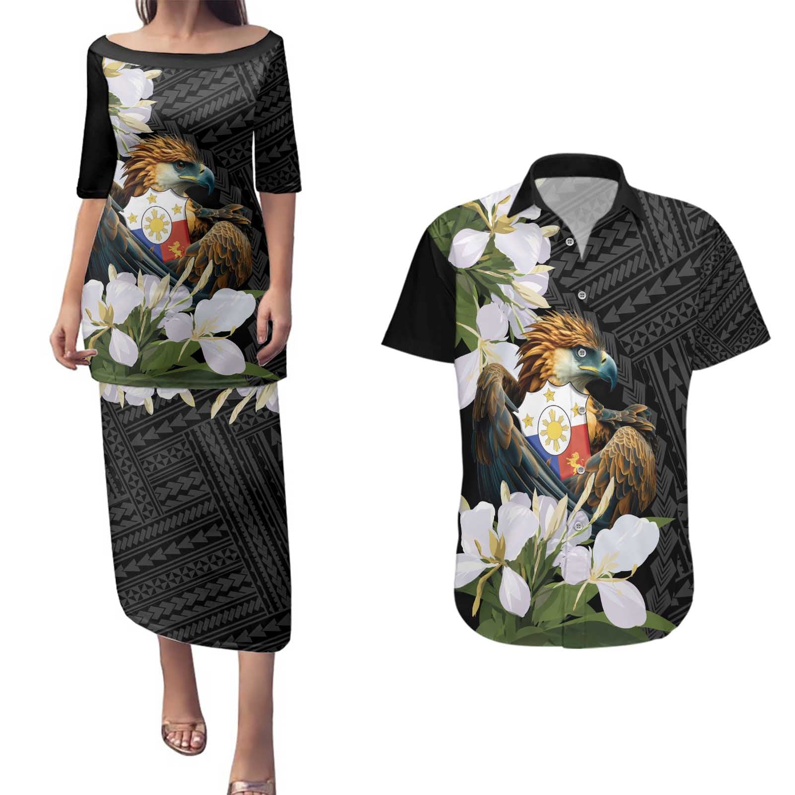 Philippines Eagle with Coat Of Arm Couples Matching Puletasi and Hawaiian Shirt Simple Sampaguita Jasmine