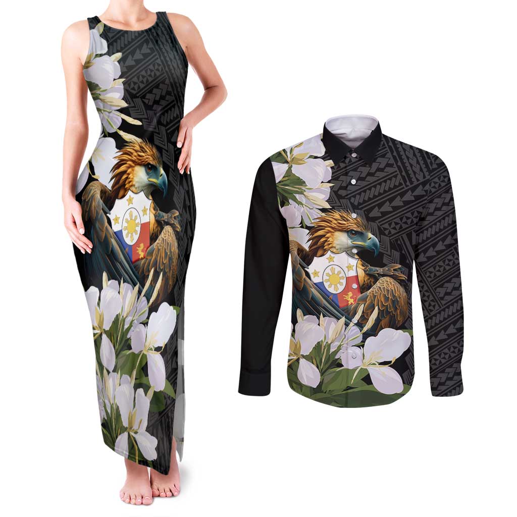 Philippines Eagle with Coat Of Arm Couples Matching Tank Maxi Dress and Long Sleeve Button Shirt Simple Sampaguita Jasmine