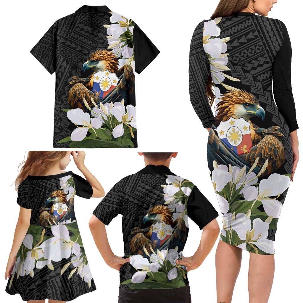 Philippines Eagle with Coat Of Arm Family Matching Long Sleeve Bodycon Dress and Hawaiian Shirt Simple Sampaguita Jasmine