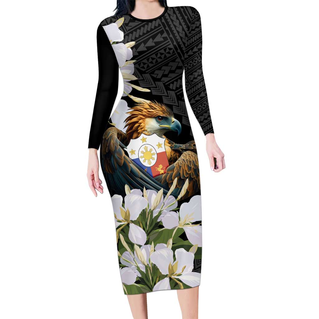 Philippines Eagle with Coat Of Arm Family Matching Long Sleeve Bodycon Dress and Hawaiian Shirt Simple Sampaguita Jasmine