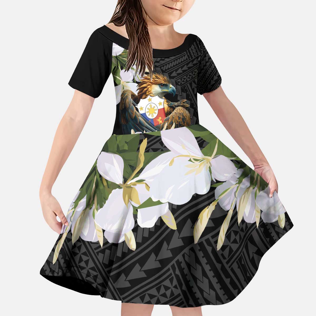 Philippines Eagle with Coat Of Arm Kid Short Sleeve Dress Simple Sampaguita Jasmine