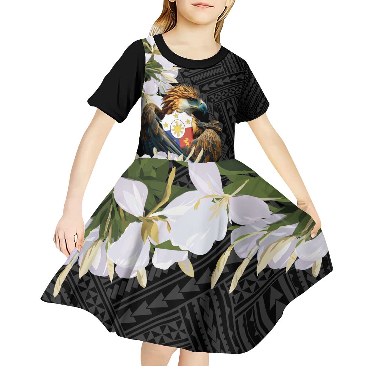 Philippines Eagle with Coat Of Arm Kid Short Sleeve Dress Simple Sampaguita Jasmine