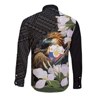 Philippines Eagle with Coat Of Arm Long Sleeve Button Shirt Simple Sampaguita Jasmine
