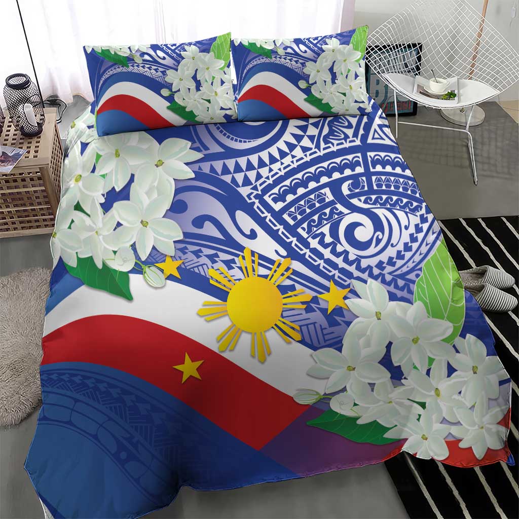 Philippines Flag Bedding Set Sampaguita Jasmine with Polynesian Tribal
