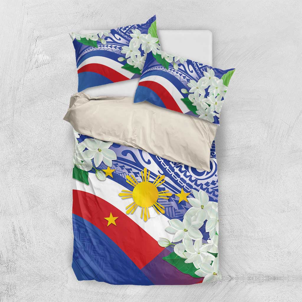Philippines Flag Bedding Set Sampaguita Jasmine with Polynesian Tribal