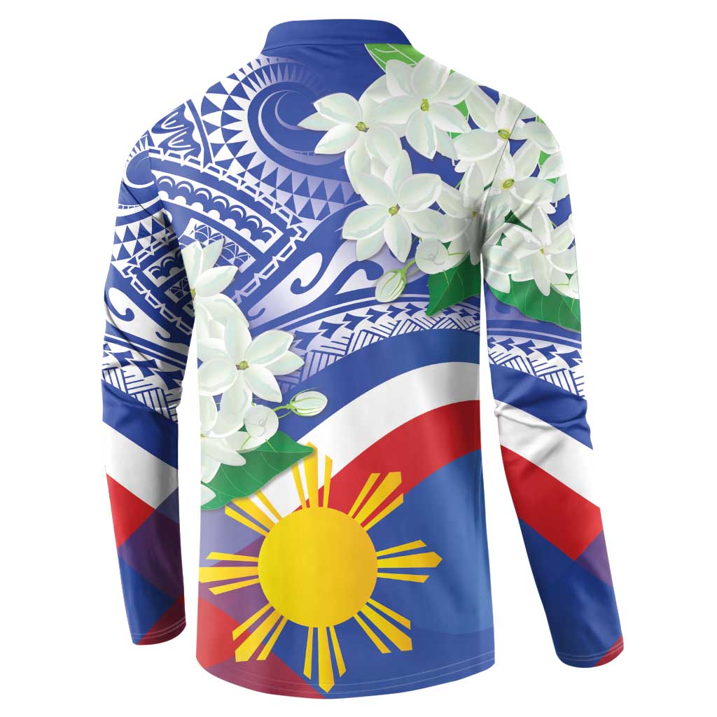 Philippines Flag Button Sweatshirt Sampaguita Jasmine with Polynesian Tribal