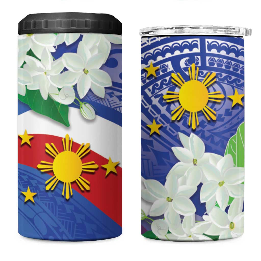 Philippines Flag 4 in 1 Can Cooler Tumbler Sampaguita Jasmine with Polynesian Tribal LT9