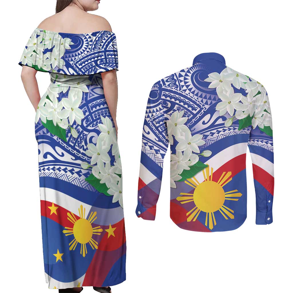 Philippines Flag Couples Matching Off Shoulder Maxi Dress and Long Sleeve Button Shirt Sampaguita Jasmine with Polynesian Tribal