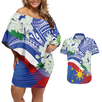 Philippines Flag Couples Matching Off Shoulder Short Dress and Hawaiian Shirt Sampaguita Jasmine with Polynesian Tribal