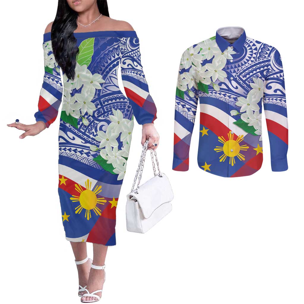 Philippines Flag Couples Matching Off The Shoulder Long Sleeve Dress and Long Sleeve Button Shirt Sampaguita Jasmine with Polynesian Tribal