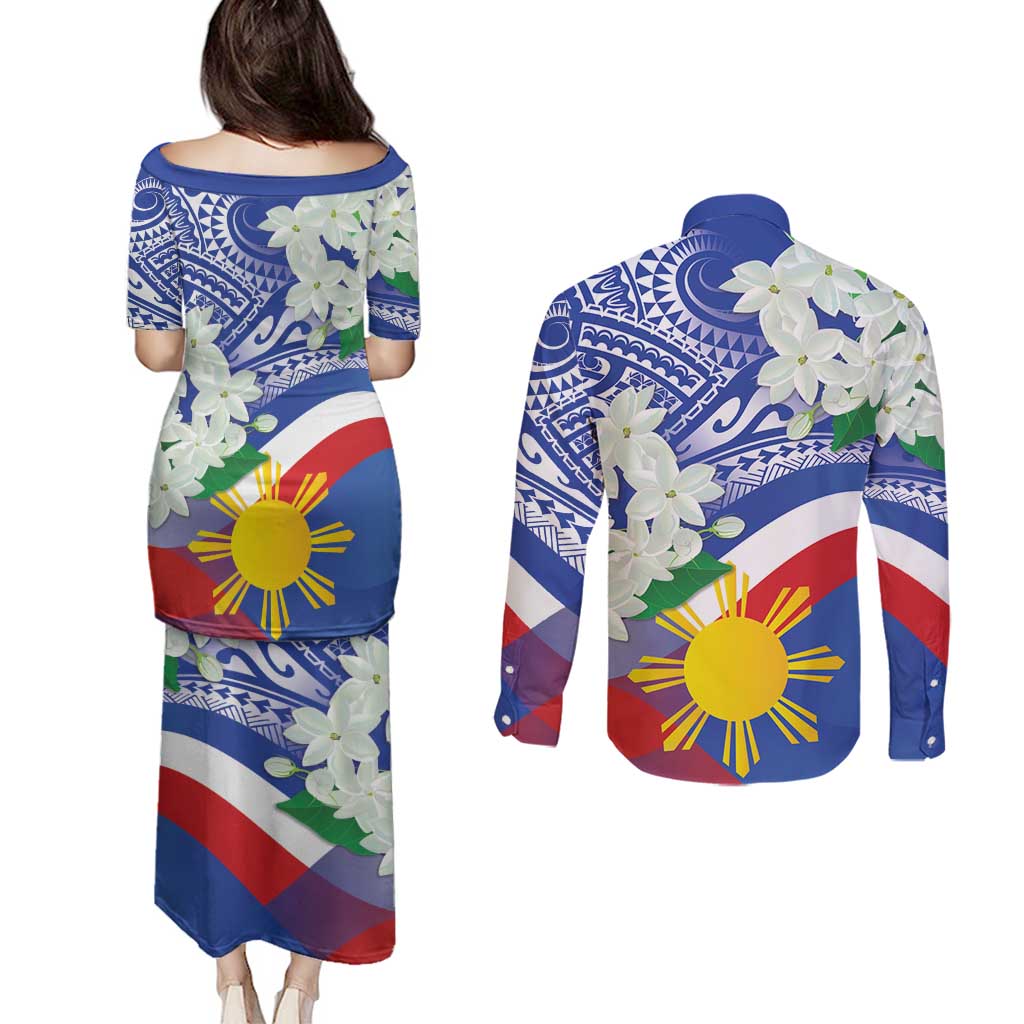 Philippines Flag Couples Matching Puletasi and Long Sleeve Button Shirt Sampaguita Jasmine with Polynesian Tribal