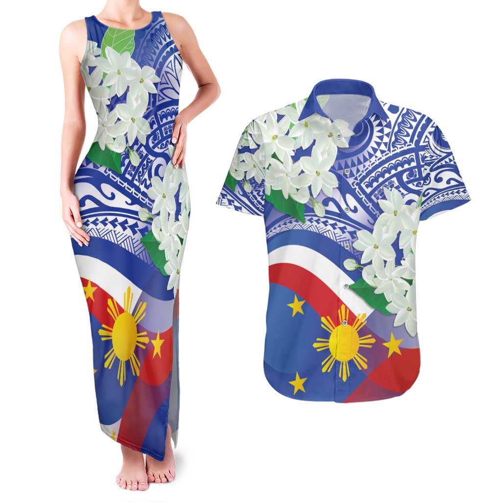 Philippines Flag Couples Matching Tank Maxi Dress and Hawaiian Shirt Sampaguita Jasmine with Polynesian Tribal