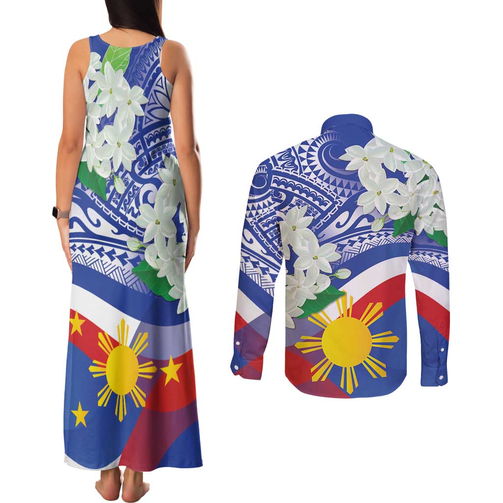 Philippines Flag Couples Matching Tank Maxi Dress and Long Sleeve Button Shirt Sampaguita Jasmine with Polynesian Tribal