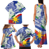 Philippines Flag Family Matching Tank Maxi Dress and Hawaiian Shirt Sampaguita Jasmine with Polynesian Tribal