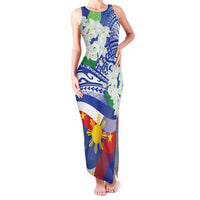 Philippines Flag Family Matching Tank Maxi Dress and Hawaiian Shirt Sampaguita Jasmine with Polynesian Tribal