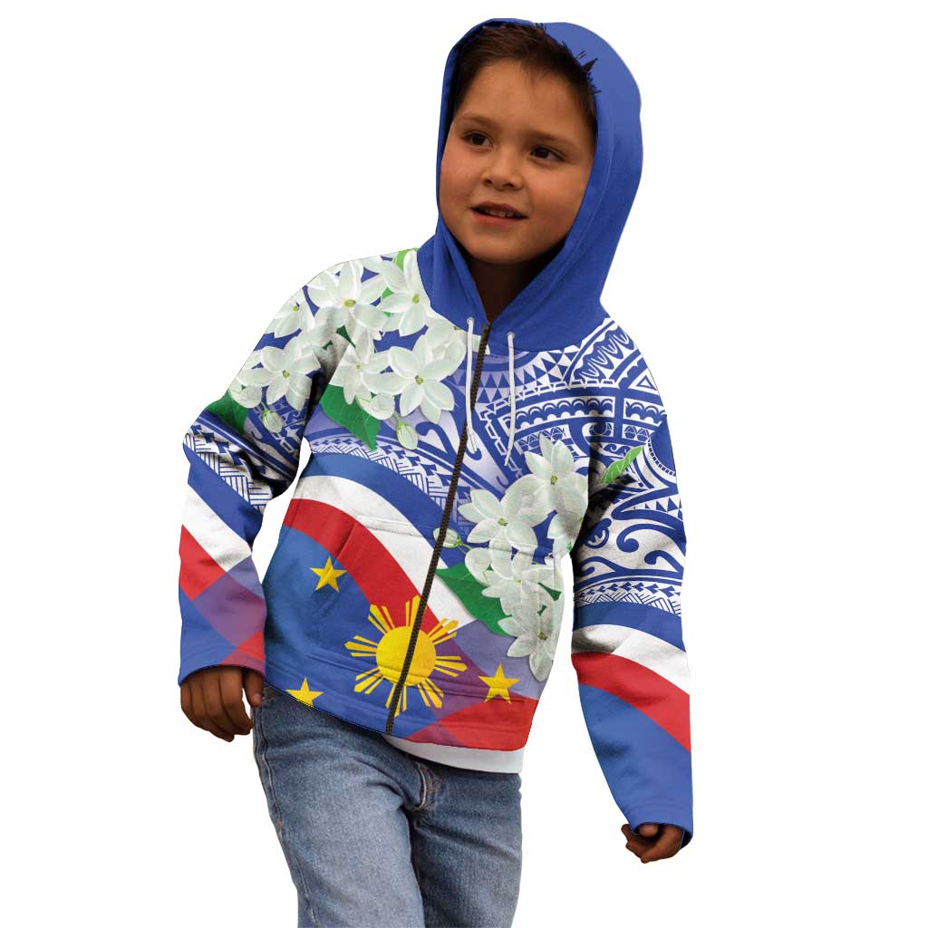 Philippines Flag Kid Hoodie Sampaguita Jasmine with Polynesian Tribal