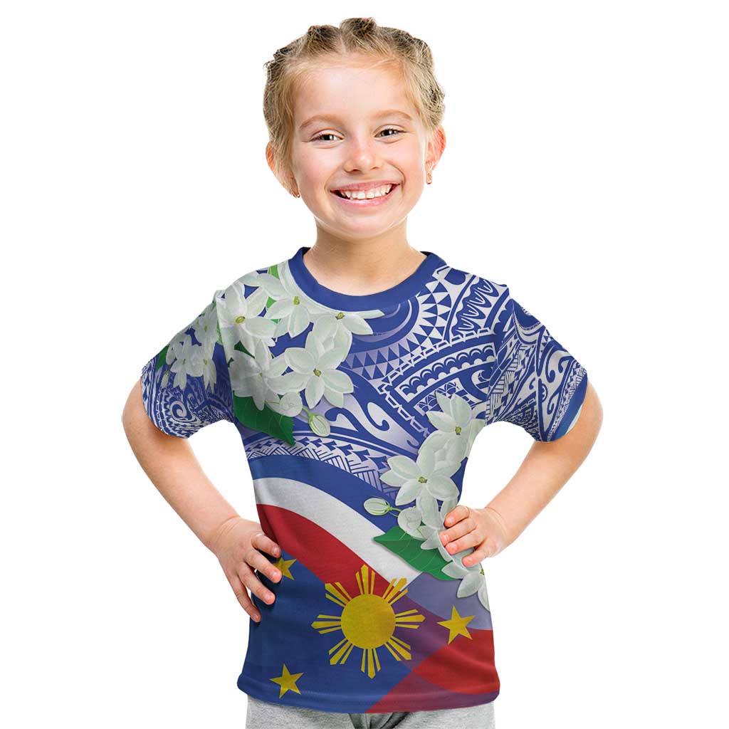Philippines Flag Kid T Shirt Sampaguita Jasmine with Polynesian Tribal