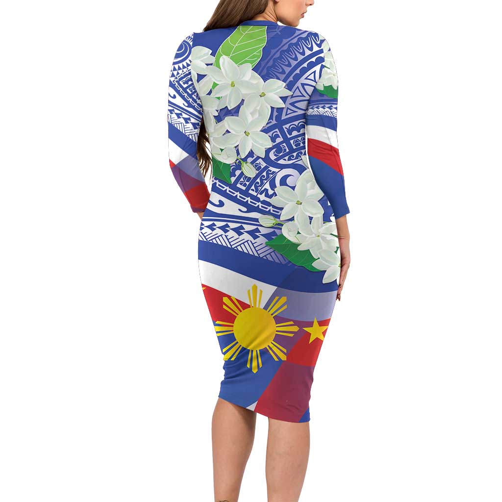 Philippines Flag Long Sleeve Bodycon Dress Sampaguita Jasmine with Polynesian Tribal