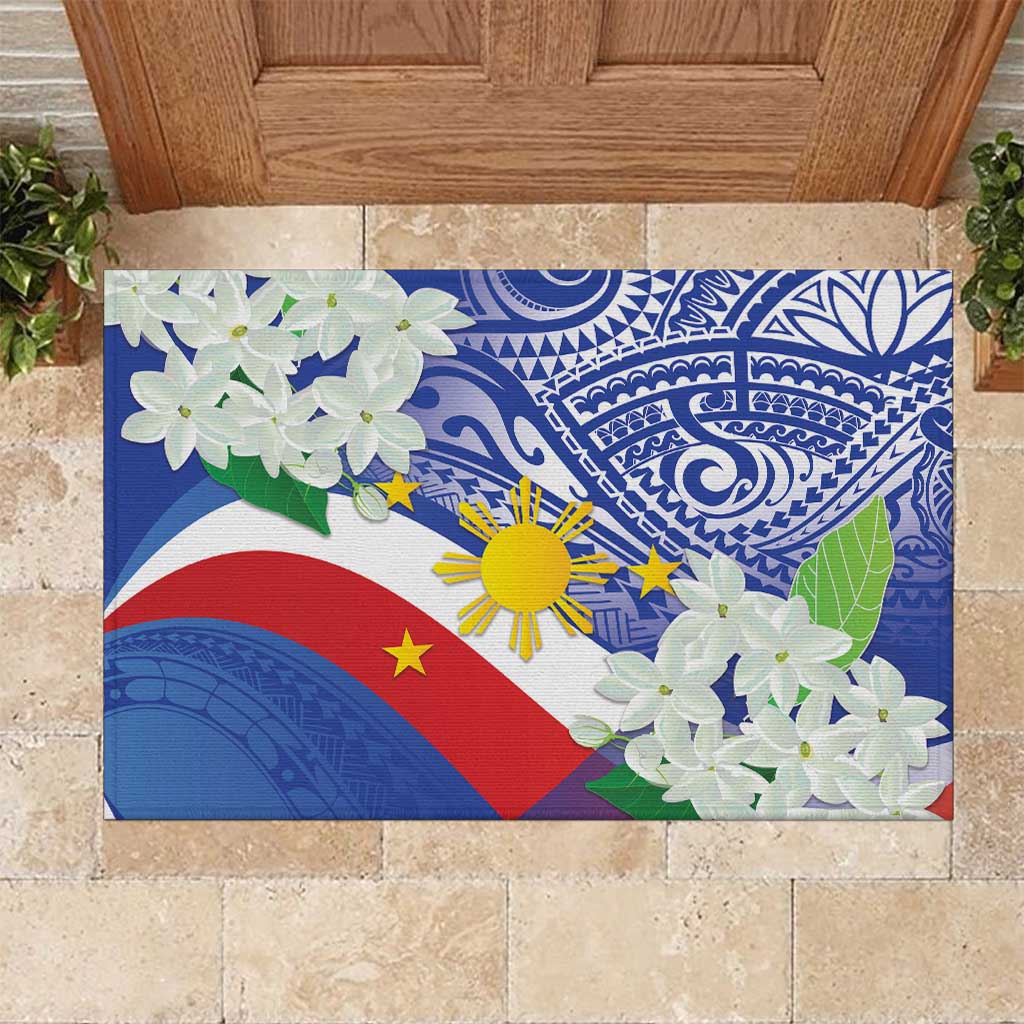 Philippines Flag Rubber Doormat Sampaguita Jasmine with Polynesian Tribal