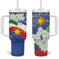 Philippines Flag Tumbler With Handle Sampaguita Jasmine with Polynesian Tribal LT9