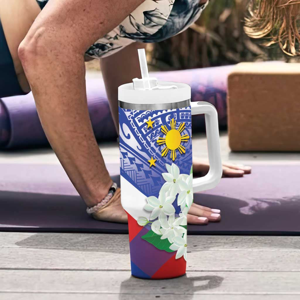 Philippines Flag Tumbler With Handle Sampaguita Jasmine with Polynesian Tribal LT9
