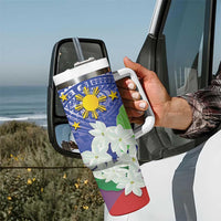 Philippines Flag Tumbler With Handle Sampaguita Jasmine with Polynesian Tribal LT9