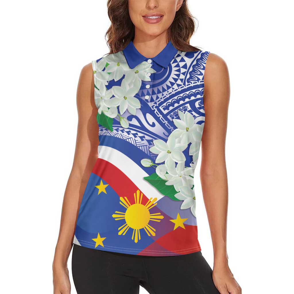 Philippines Flag Women Sleeveless Polo Shirt Sampaguita Jasmine with Polynesian Tribal
