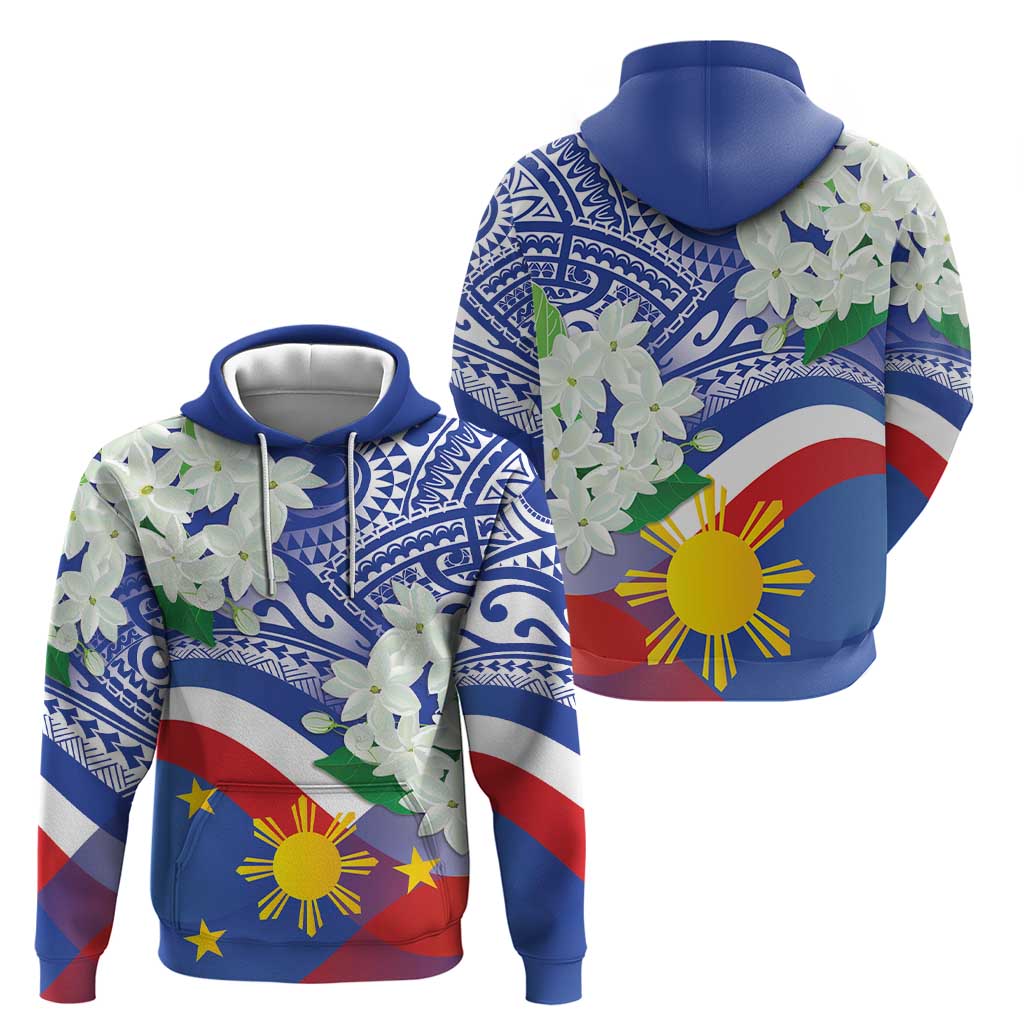 Philippines Flag Zip Hoodie Sampaguita Jasmine with Polynesian Tribal