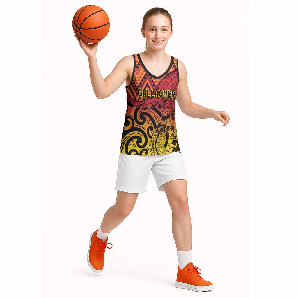 New Zealand Rangatira Custom Basketball Jersey Red and Gold Niho Taniwha Maori Tribal - Polynesian Pride