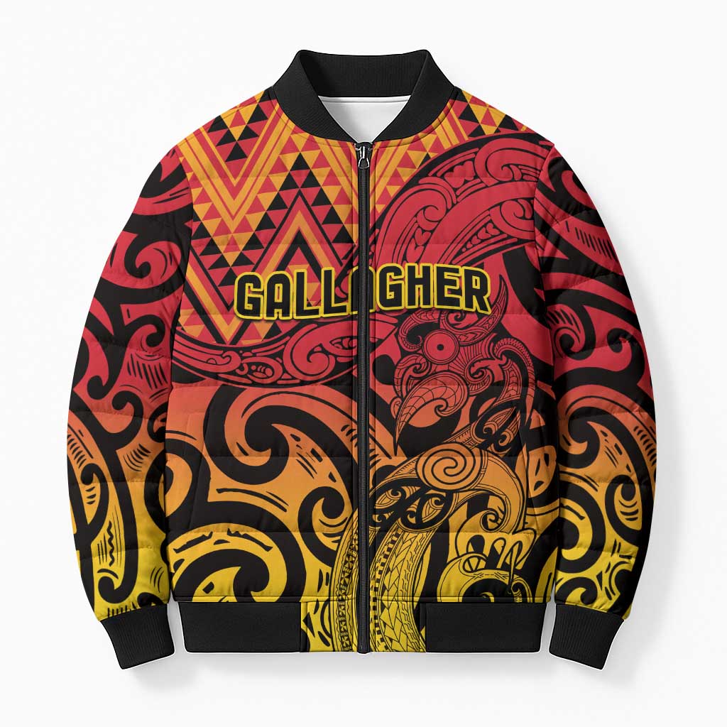 New Zealand Rangatira Custom Bomber Puffer Jacket Red and Gold Niho Taniwha Maori Tribal - Polynesian Pride
