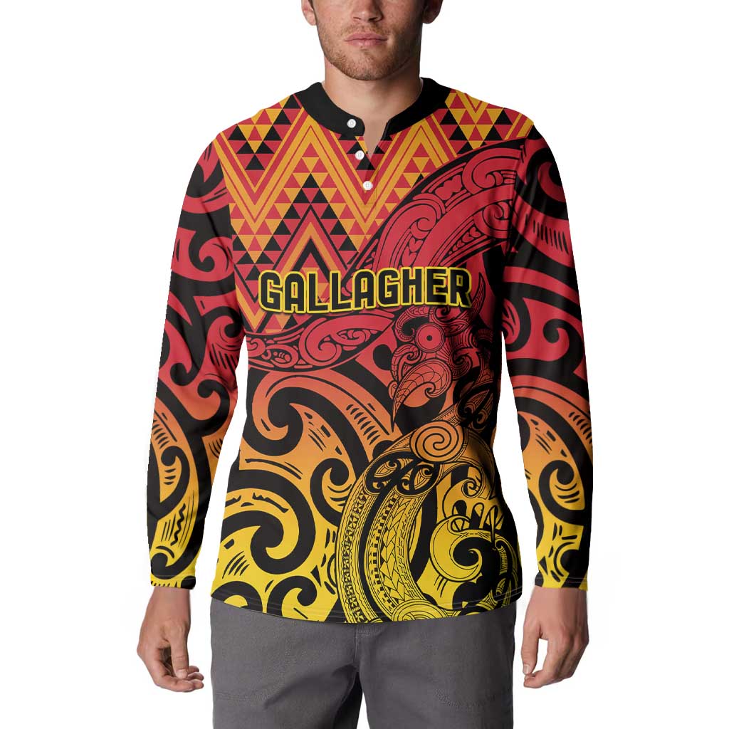 New Zealand Rangatira Custom Button Sweatshirt Red and Gold Niho Taniwha Maori Tribal
