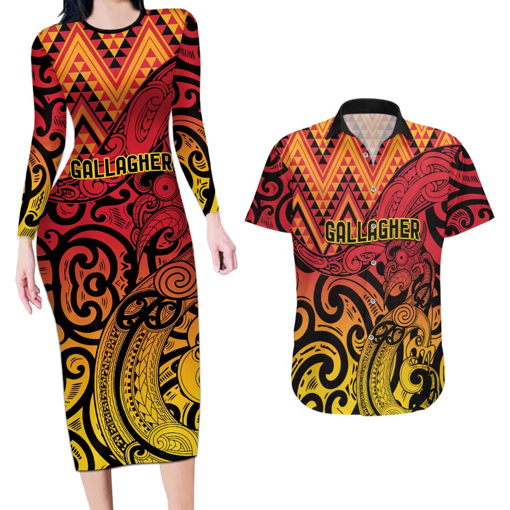 New Zealand Rangatira Custom Couples Matching Long Sleeve Bodycon Dress and Hawaiian Shirt Red and Gold Niho Taniwha Maori Tribal