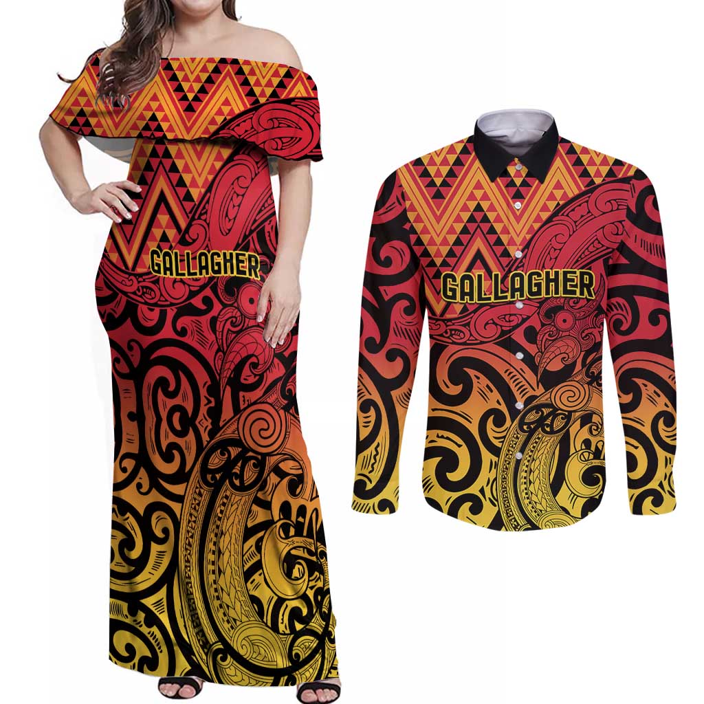 New Zealand Rangatira Custom Couples Matching Off Shoulder Maxi Dress and Long Sleeve Button Shirt Red and Gold Niho Taniwha Maori Tribal