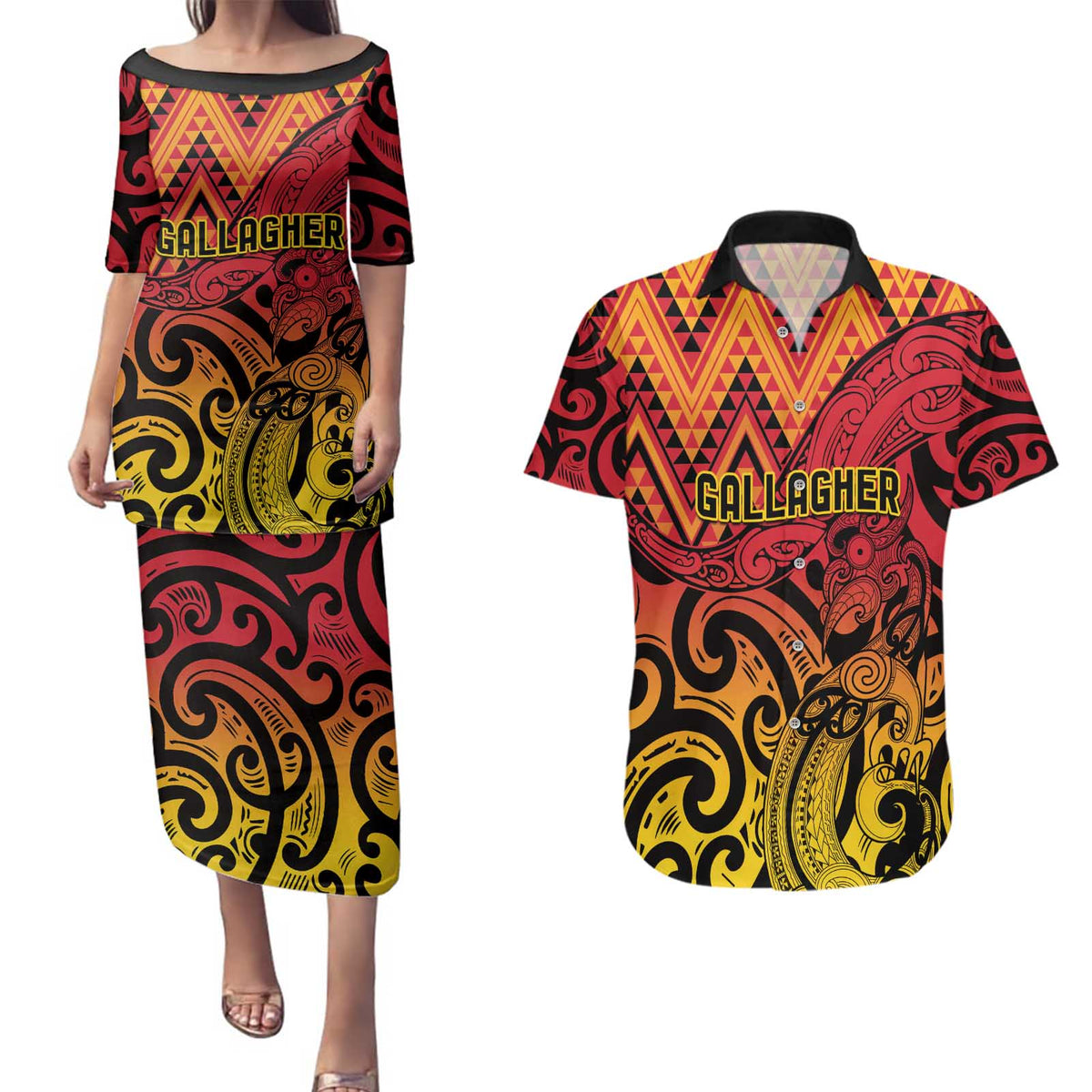 New Zealand Rangatira Custom Couples Matching Puletasi and Hawaiian Shirt Red and Gold Niho Taniwha Maori Tribal