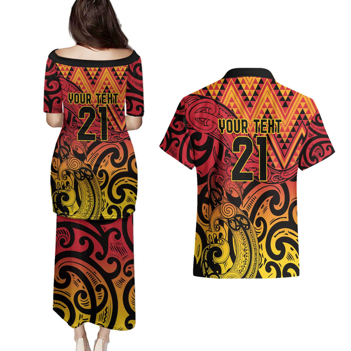 New Zealand Rangatira Custom Couples Matching Puletasi and Hawaiian Shirt Red and Gold Niho Taniwha Maori Tribal