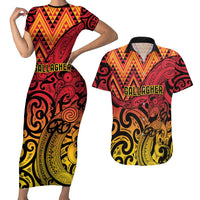 New Zealand Rangatira Custom Couples Matching Short Sleeve Bodycon Dress and Hawaiian Shirt Red and Gold Niho Taniwha Maori Tribal