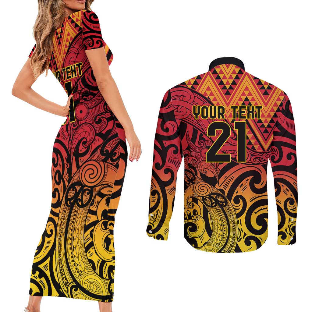 New Zealand Rangatira Custom Couples Matching Short Sleeve Bodycon Dress and Long Sleeve Button Shirt Red and Gold Niho Taniwha Maori Tribal