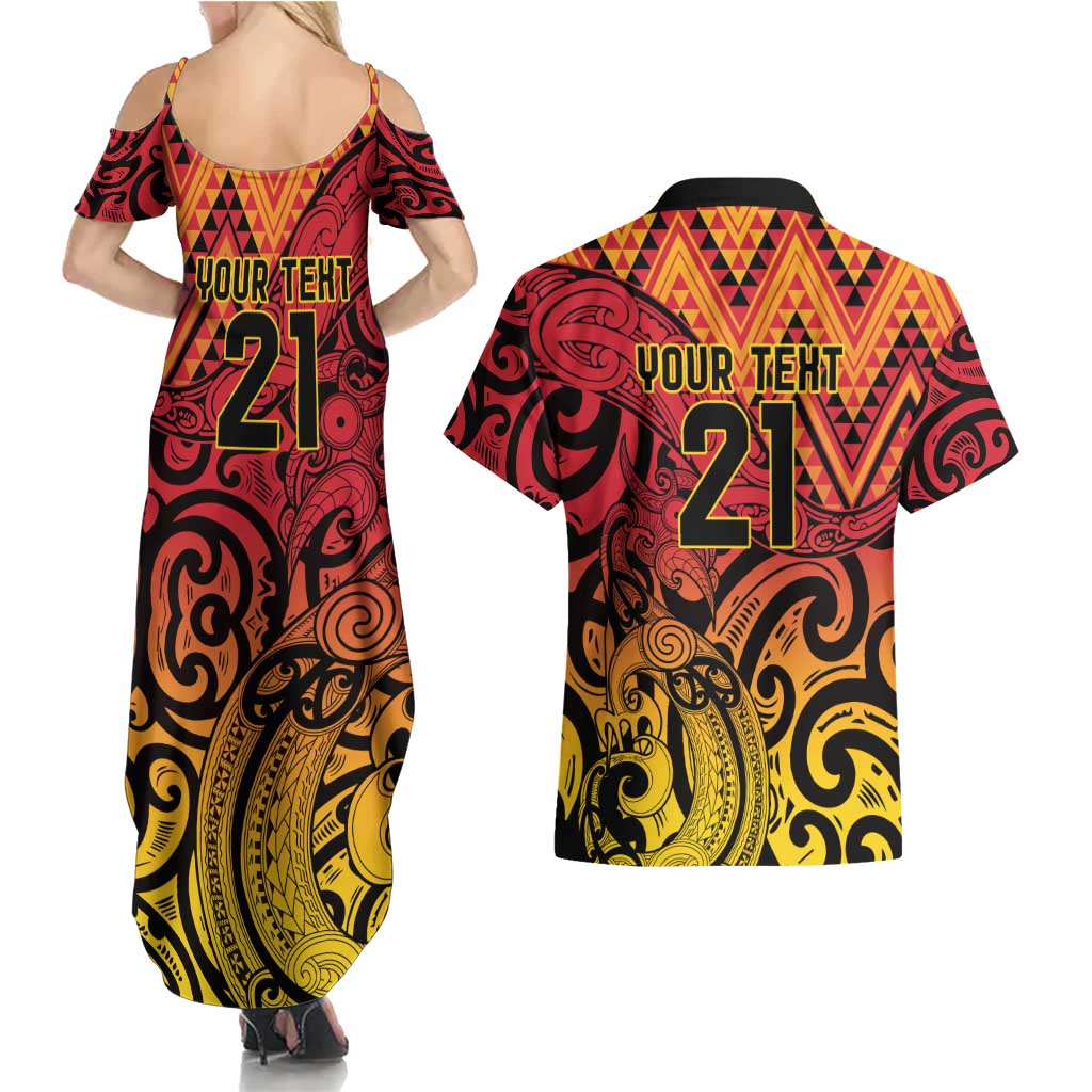 New Zealand Rangatira Custom Couples Matching Summer Maxi Dress and Hawaiian Shirt Red and Gold Niho Taniwha Maori Tribal