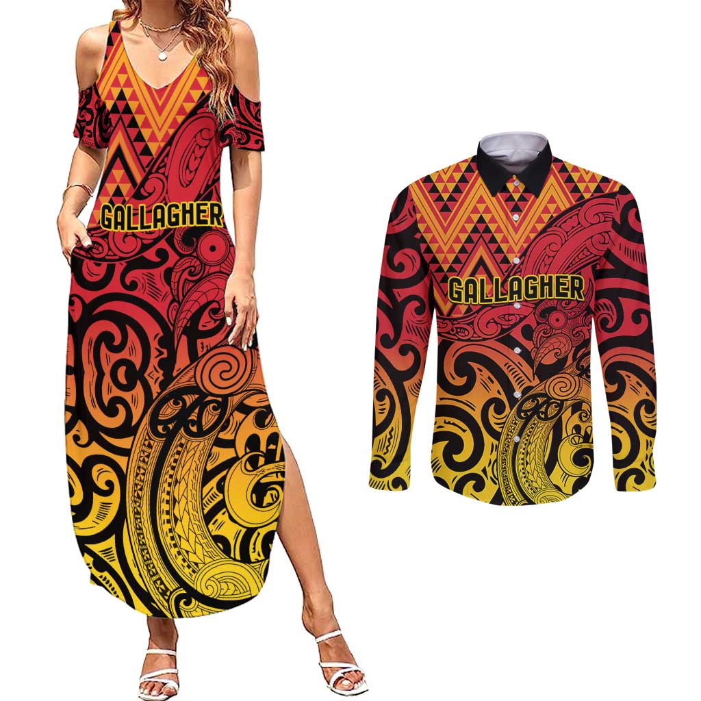 New Zealand Rangatira Custom Couples Matching Summer Maxi Dress and Long Sleeve Button Shirt Red and Gold Niho Taniwha Maori Tribal