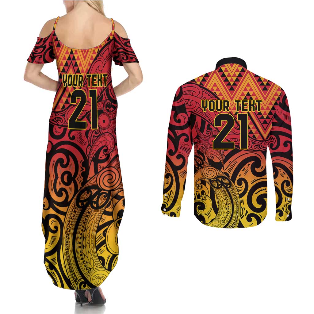 New Zealand Rangatira Custom Couples Matching Summer Maxi Dress and Long Sleeve Button Shirt Red and Gold Niho Taniwha Maori Tribal