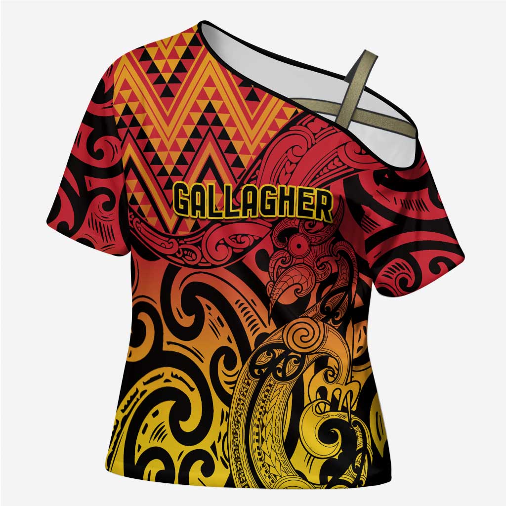 New Zealand Rangatira Custom Cross Shoulder Shirt Red and Gold Niho Taniwha Maori Tribal - Polynesian Pride