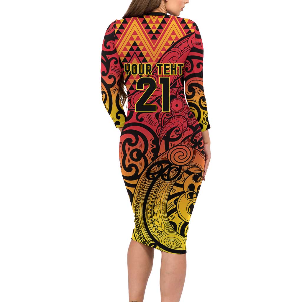 New Zealand Rangatira Custom Family Matching Long Sleeve Bodycon Dress and Hawaiian Shirt Red and Gold Niho Taniwha Maori Tribal