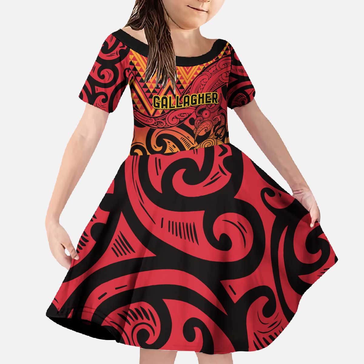 New Zealand Rangatira Custom Family Matching Off The Shoulder Long Sleeve Dress and Hawaiian Shirt Red and Gold Niho Taniwha Maori Tribal