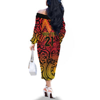 New Zealand Rangatira Custom Family Matching Off The Shoulder Long Sleeve Dress and Hawaiian Shirt Red and Gold Niho Taniwha Maori Tribal