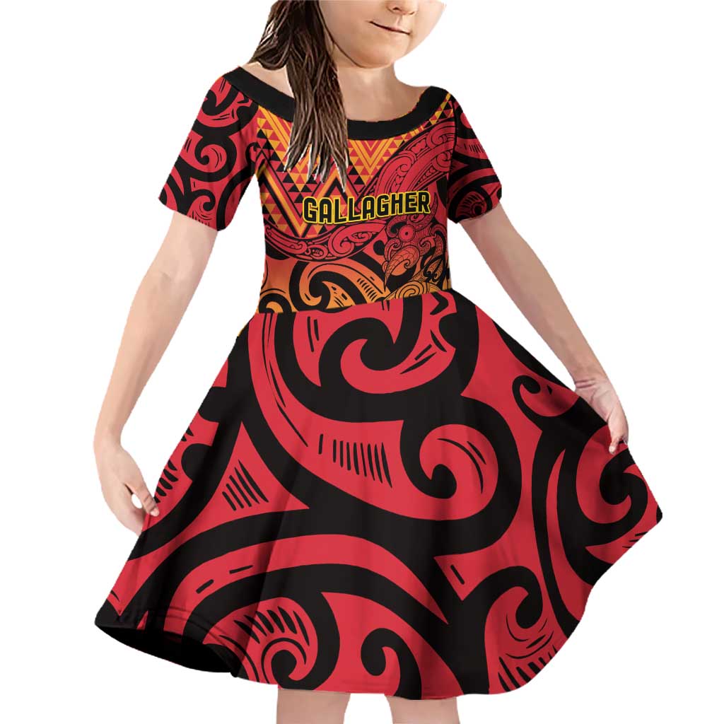 New Zealand Rangatira Custom Family Matching Off Shoulder Short Dress and Hawaiian Shirt Red and Gold Niho Taniwha Maori Tribal