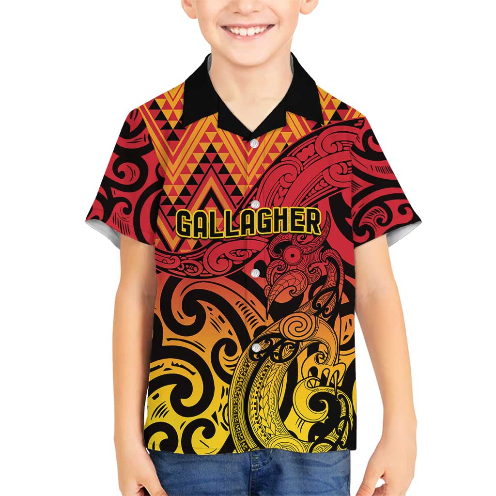 New Zealand Rangatira Custom Family Matching Off Shoulder Short Dress and Hawaiian Shirt Red and Gold Niho Taniwha Maori Tribal