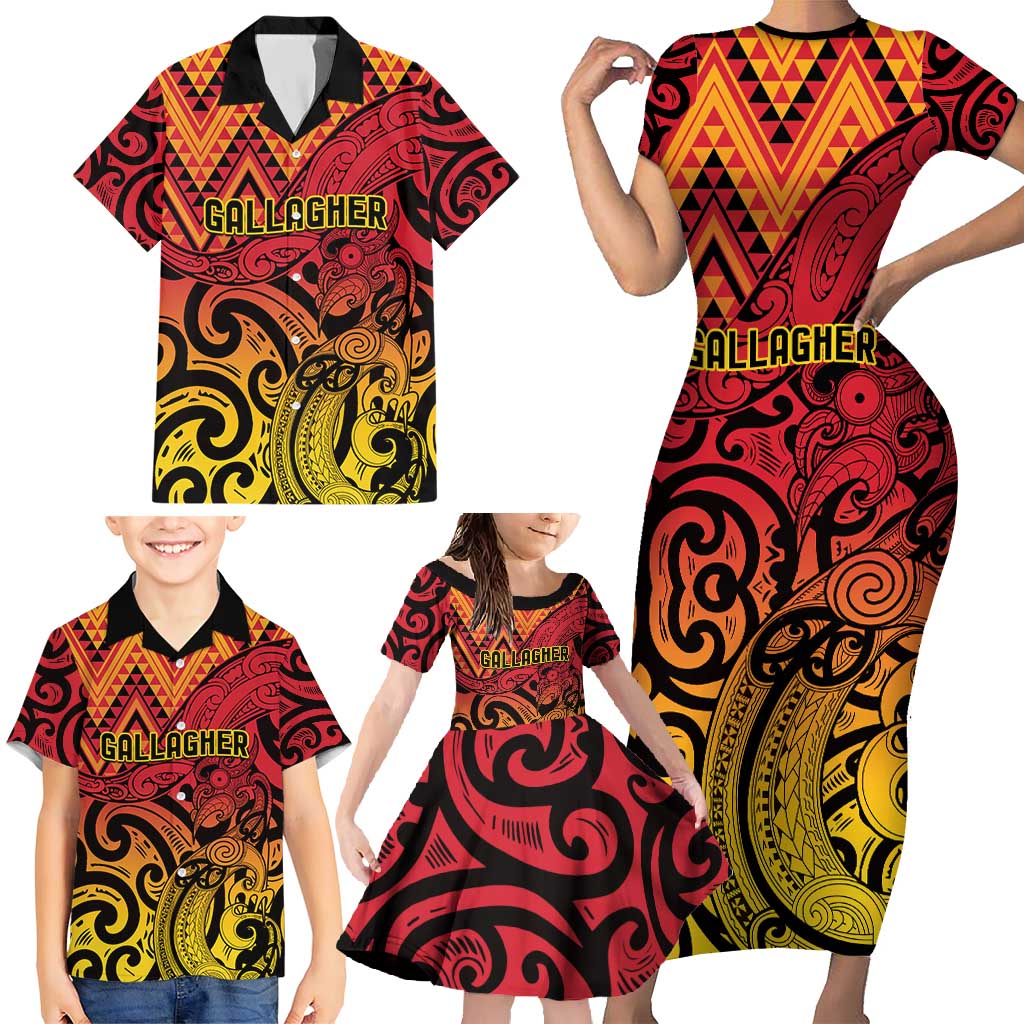 New Zealand Rangatira Custom Family Matching Short Sleeve Bodycon Dress and Hawaiian Shirt Red and Gold Niho Taniwha Maori Tribal