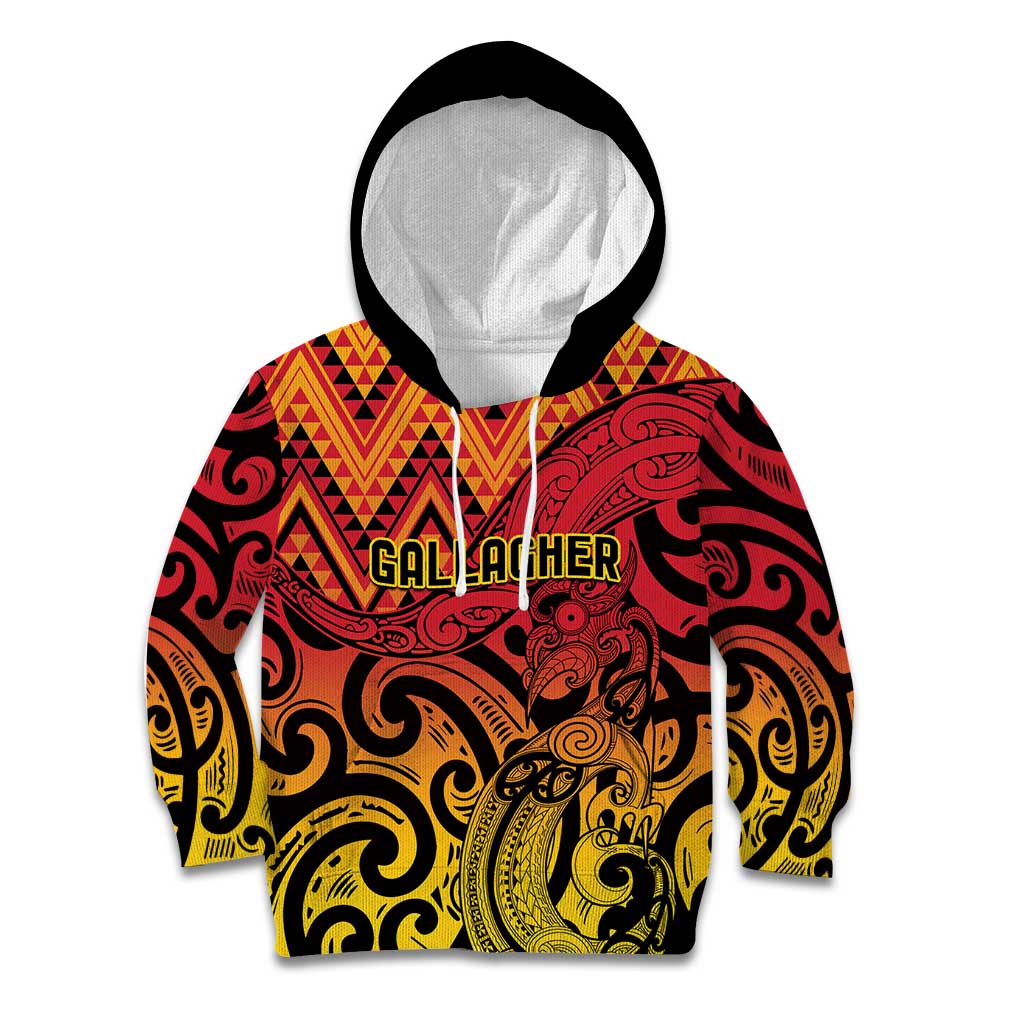 New Zealand Rangatira Custom Kid Hoodie Red and Gold Niho Taniwha Maori Tribal