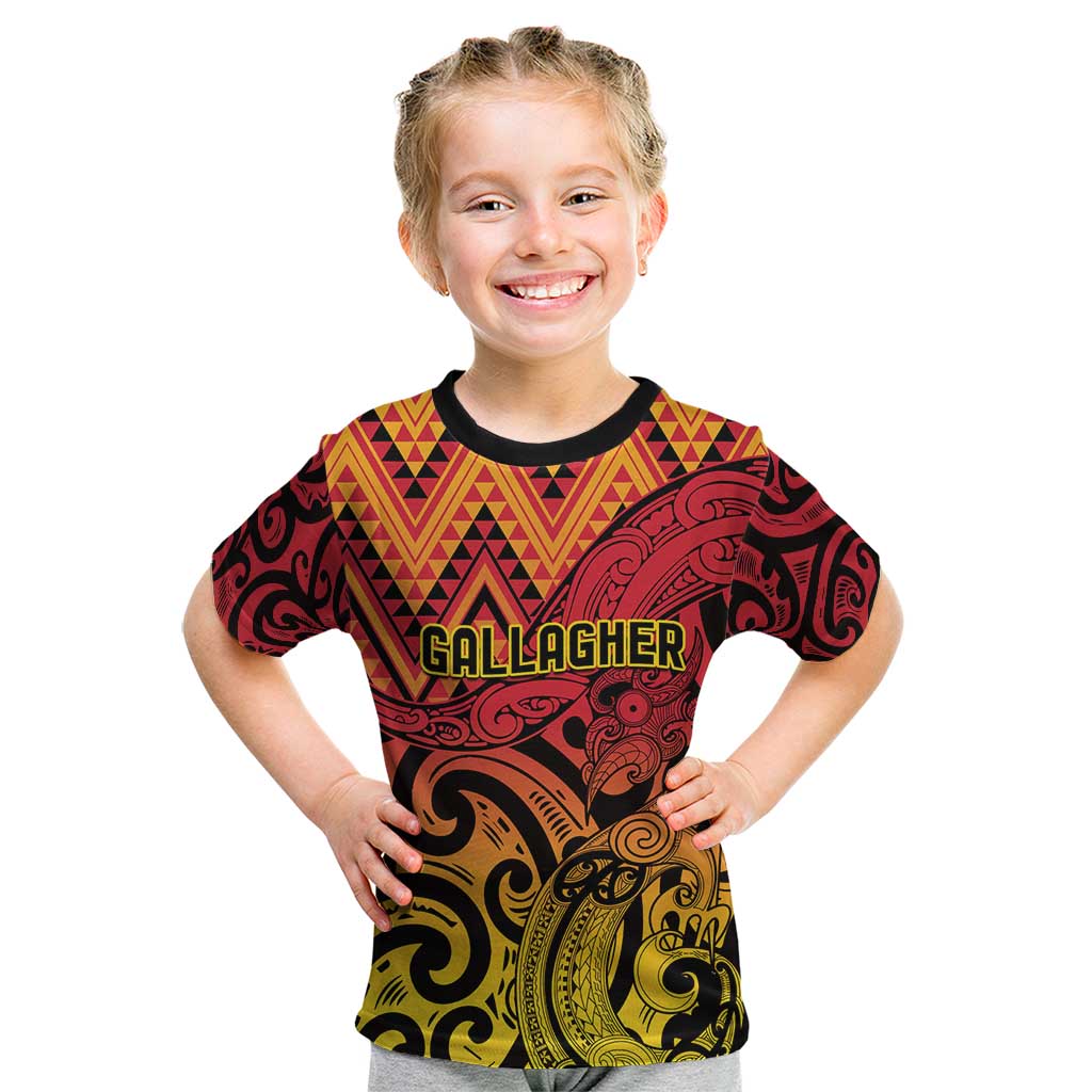 New Zealand Rangatira Custom Kid T Shirt Red and Gold Niho Taniwha Maori Tribal